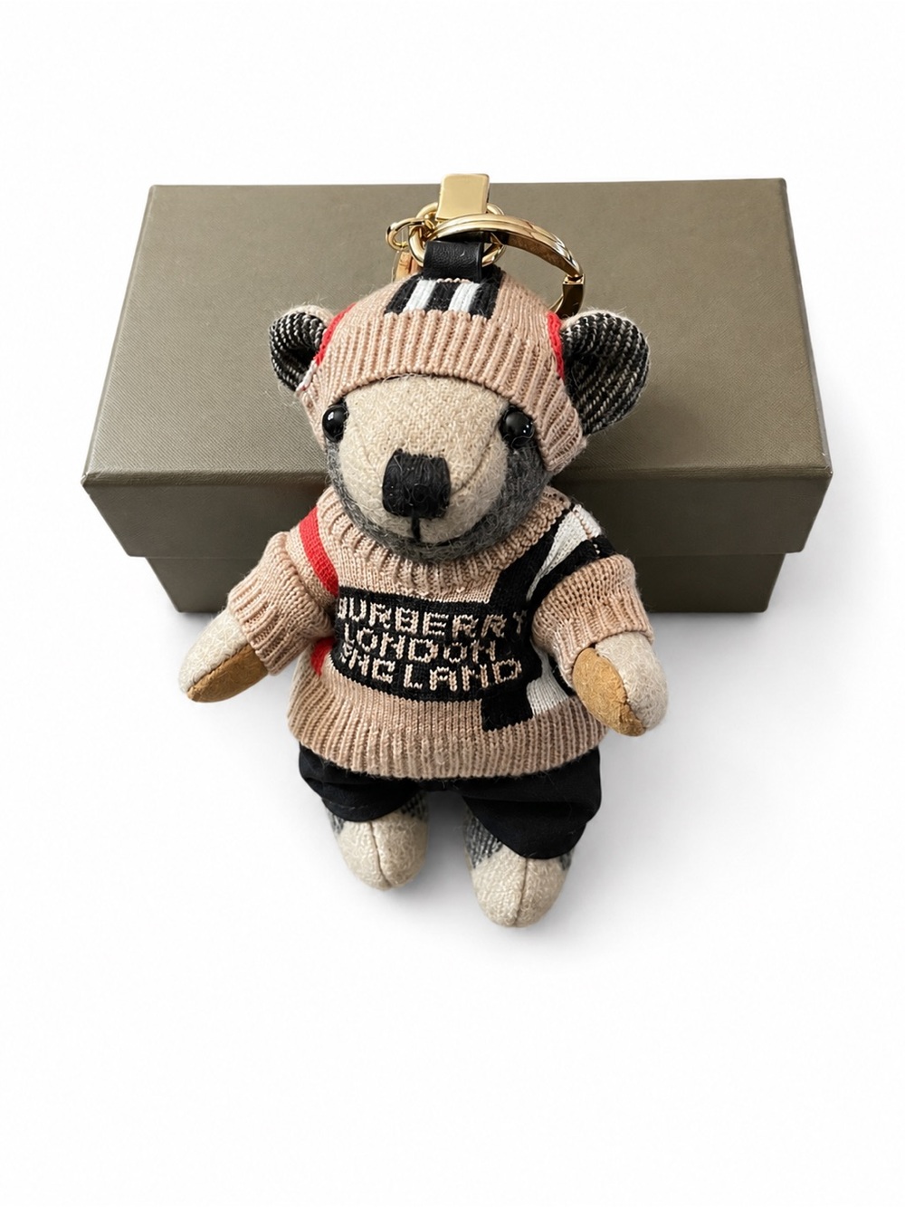 Burberry Beige & Black Teddy Bear Keychain with Gold Clip